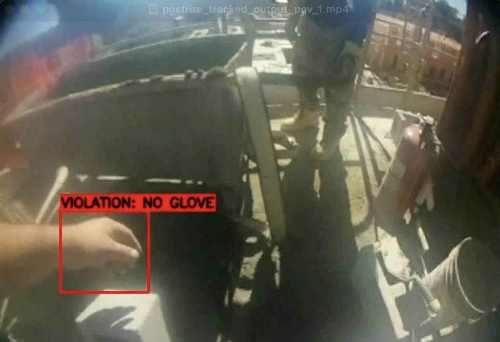 IronSite result frame highlighting a worker’s ungloved hand as a possible PPE violation.